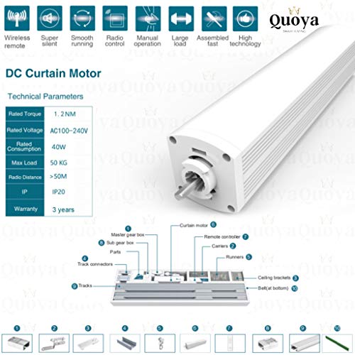 Quoya QL500 Smart Curtains System, Electric Curtain Track with Automated Rail【Motorized and Adjustable Tracks/Rod/Pole (up to 3 metres 】【WiFi Motor compatible with Alexa,Google,Siri】